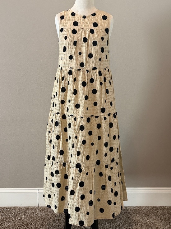By The River Dresses & Skirts - Sleeveless Tan Maxi Dress with Black Polka Dots